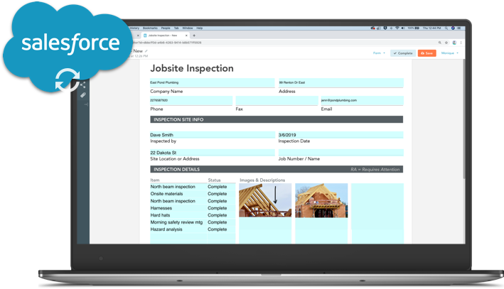 A digital jobsite form shown on a laptop with Salesforce data included using the GoFormz and Salesforce integration.