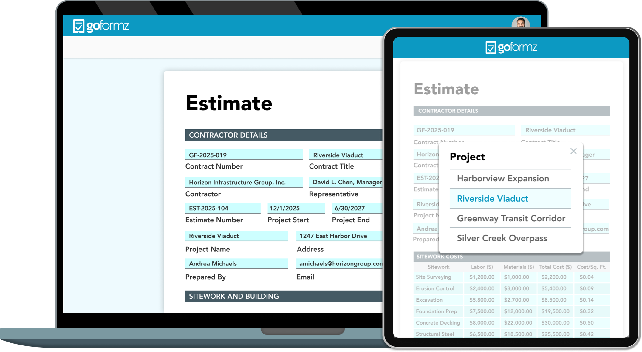 GoFormz digital construction estimate form displayed on laptop and tablet showing contractor details and project costs