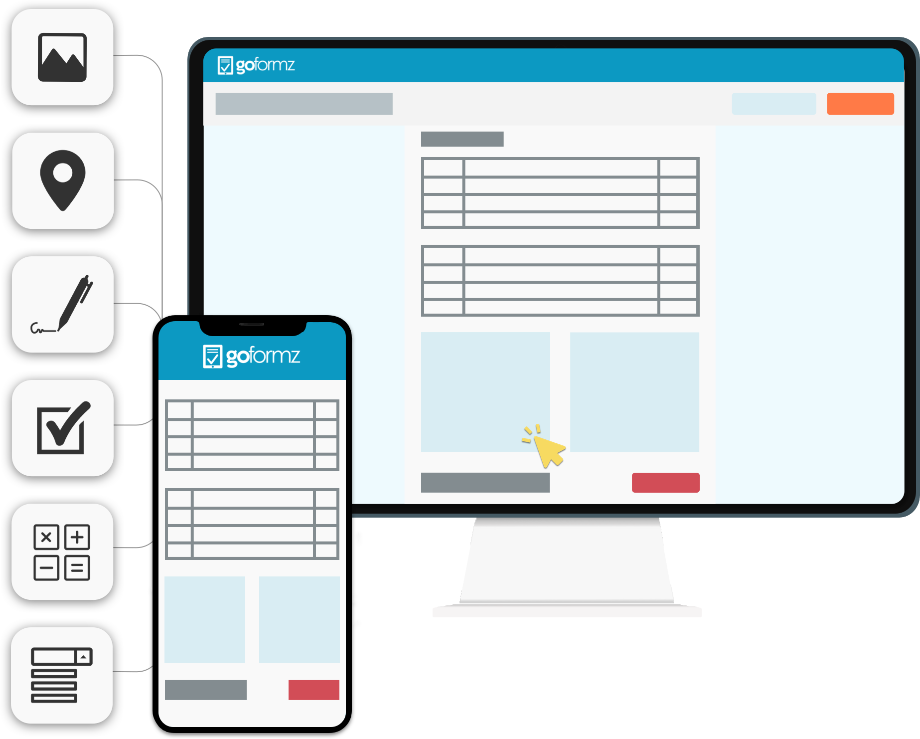GoFormz mobile and desktop digital form builder capturing images, signatures, GPS locations, and checklist data