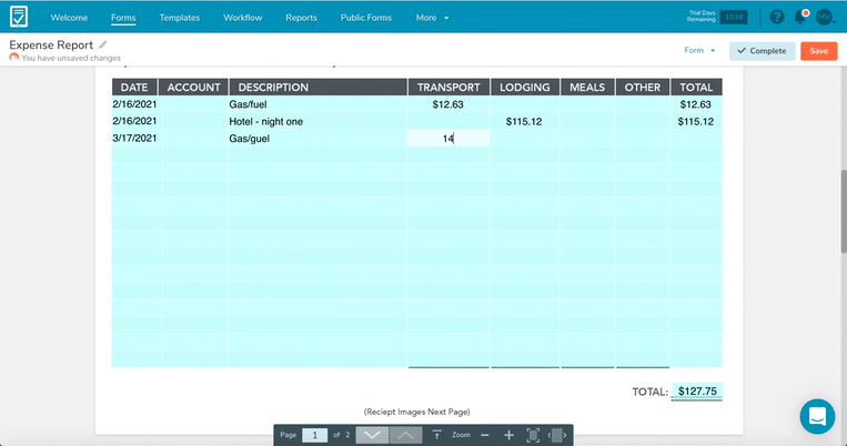 Animated image of a digital expense report with automated calculations as data is entered.