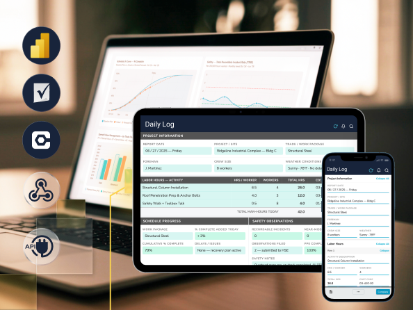 Work orders and service forms prefilled with customer, equipment, and job history data pulled from Salesforce, an FSM, or a technician's last visit