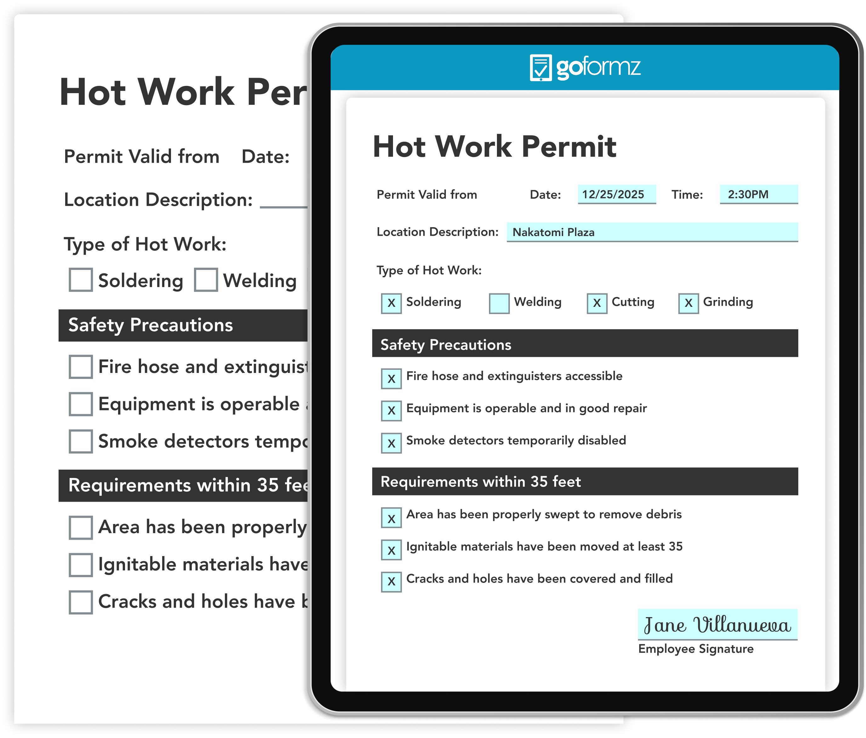 Side-by-side comparison of a paper inspection form and its identical digital version on a tablet, demonstrating GoFormz’s ability to exactly replicate existing forms for digital use.
