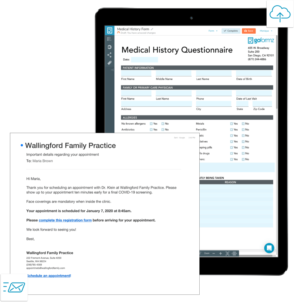 A medical history questionnaire shown on a tablet next to depiction of an automated email sent after completion of the questionnaire.