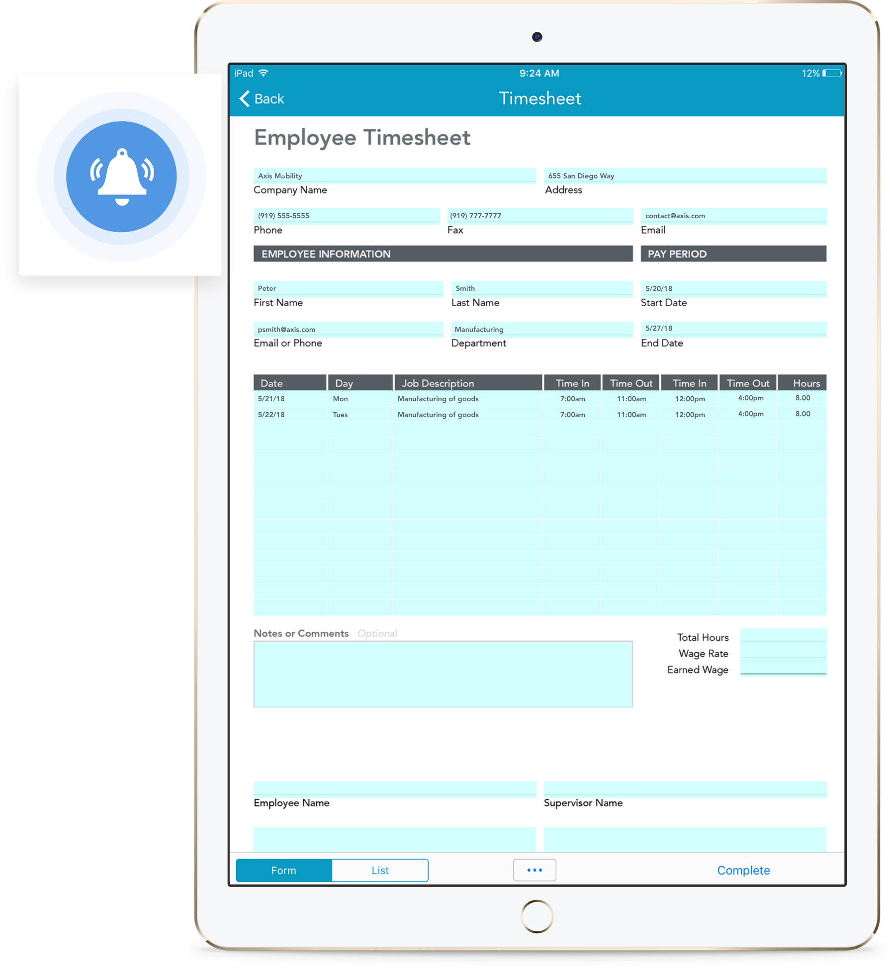 Digital timesheet on white iPad displaying conditional logic