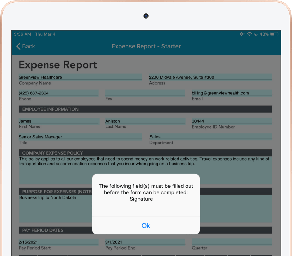 A digital expense report shown on a tablet with a popup letting the user know a signature field is required before submitting the form.