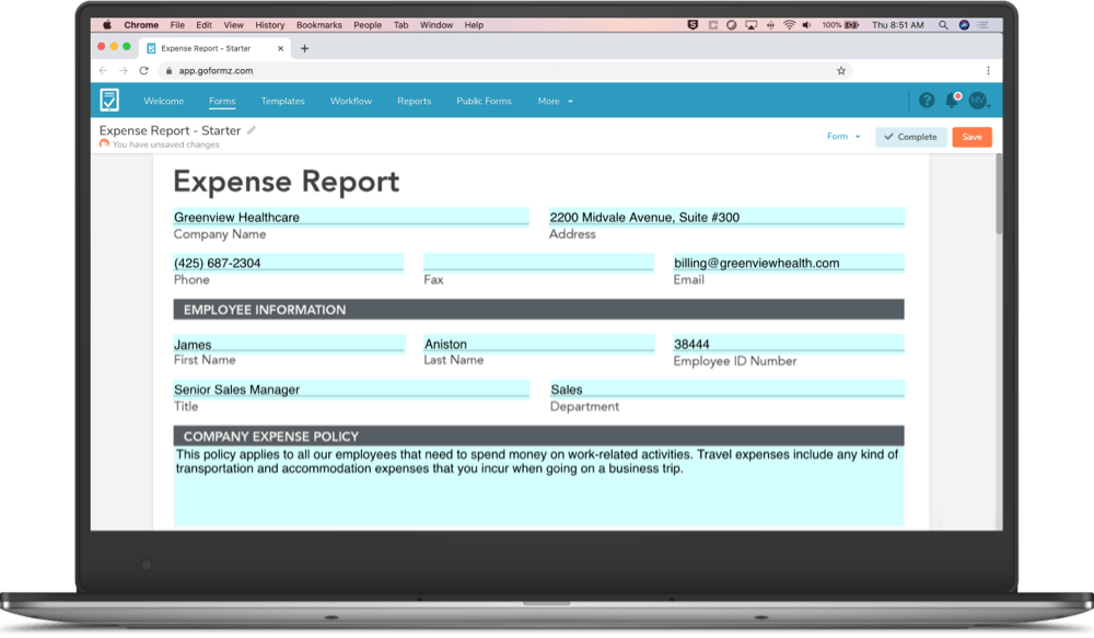 A digital expense form being filled out on a laptop