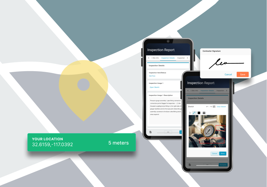 Before-and-after photos, an on-site signature, and GPS timestamps attached to the work order — proof the job was done, on site and on time