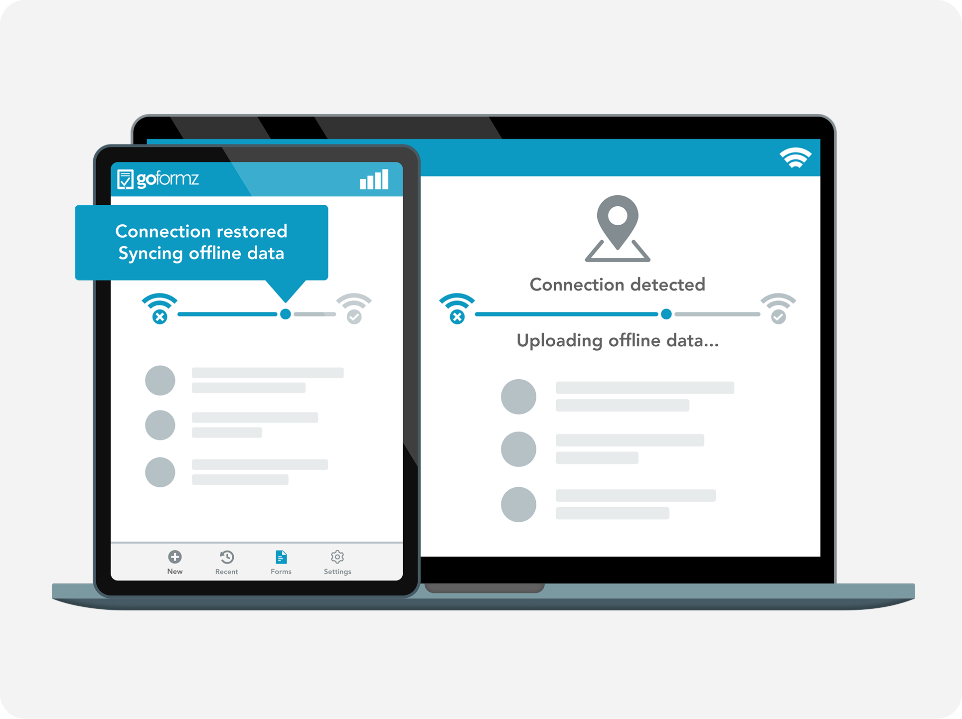  Inspector records findings and photos offline in GoFormz; data syncs automatically to company records when connectivity returns.