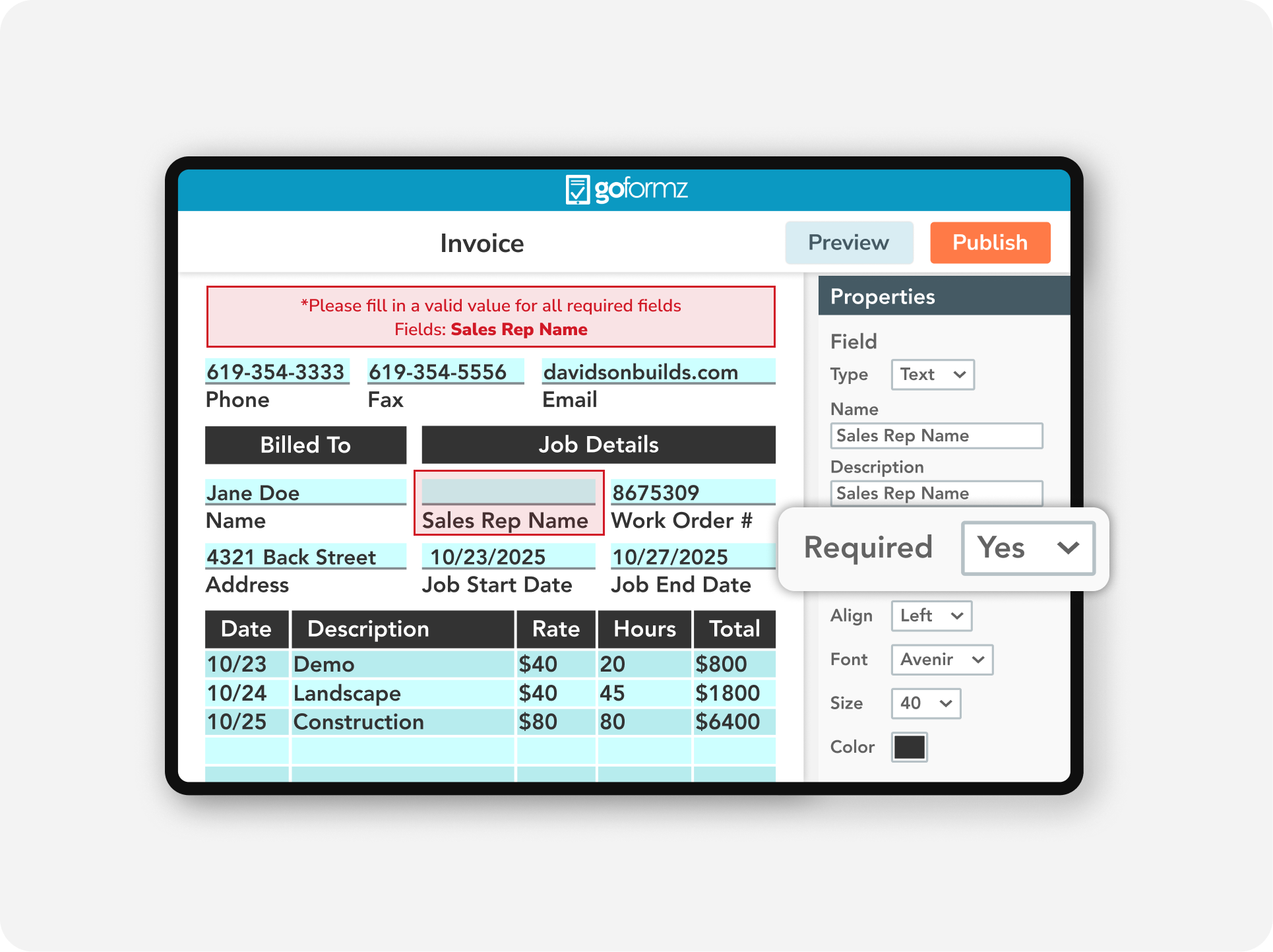 Digital invoice in GoFormz with automatic totals, tax and discount calculations, required fields, and error prevention.