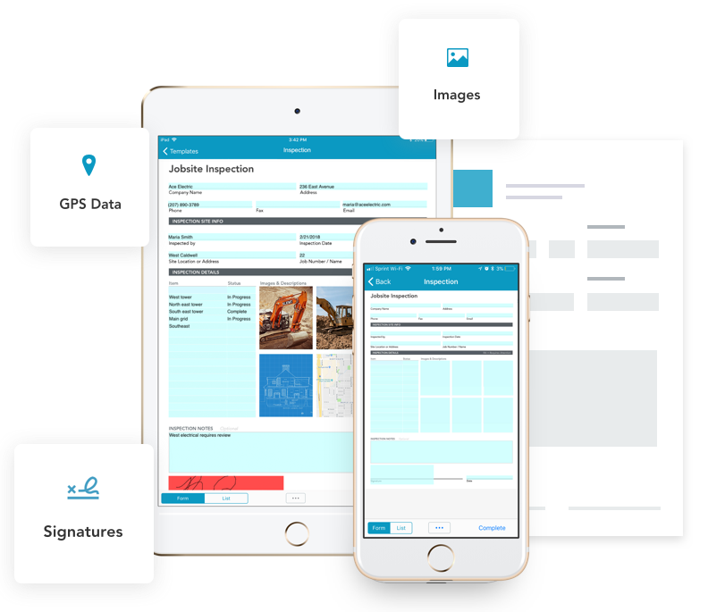 Image showing the different field types that can be included in a GoFormz digital form. From GPS data to digital signatures and image uploads.