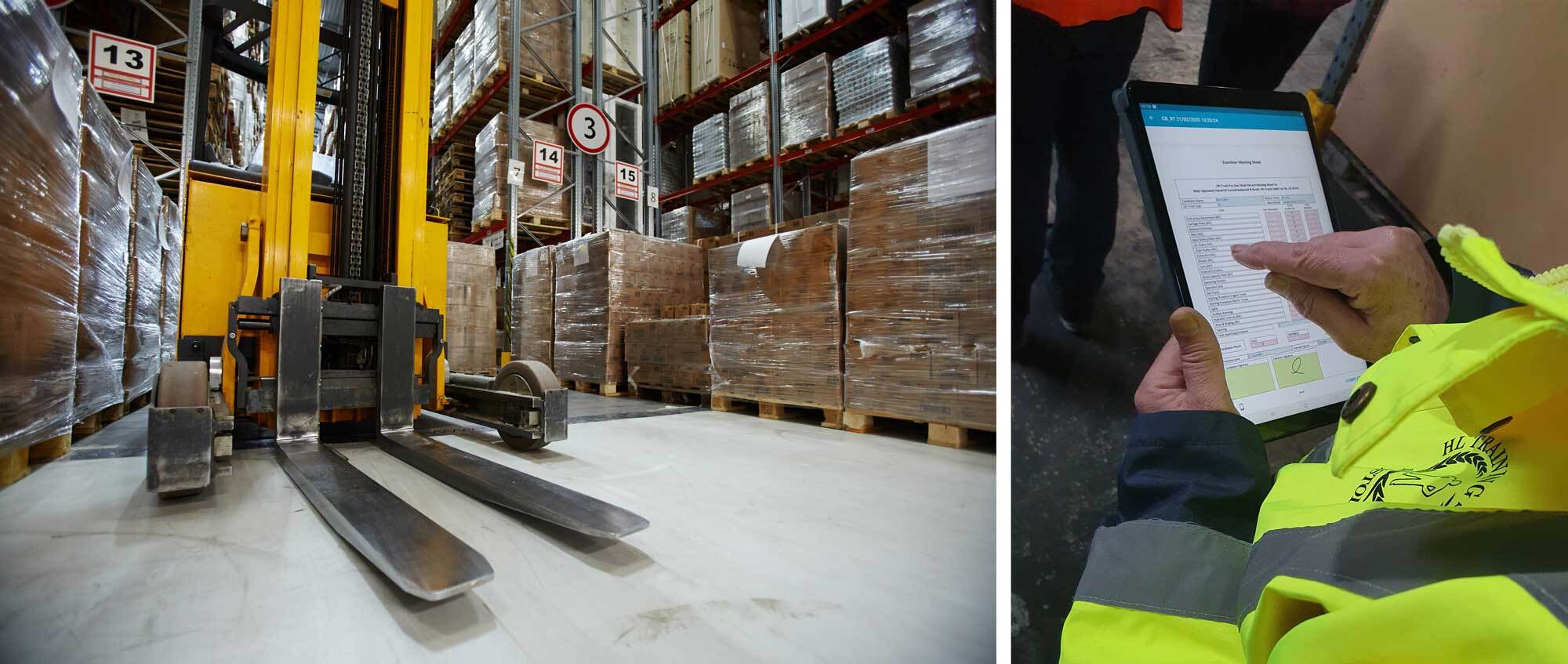 Forklift on warehouse floor next to image of HL Training Services user entering information into a form on their iPad