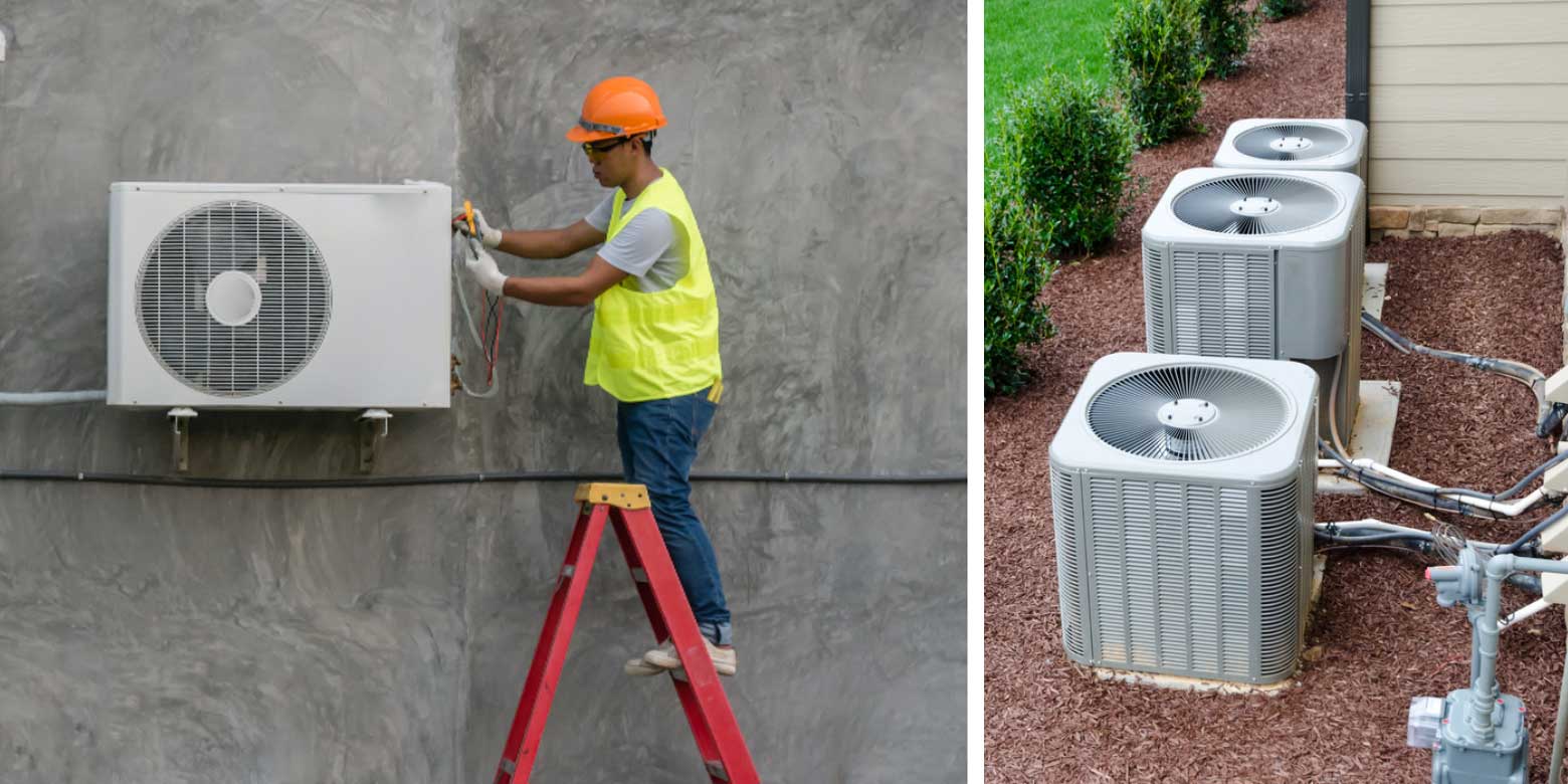 An HVAC technician in safety gear checks an outdoor air conditioner unit