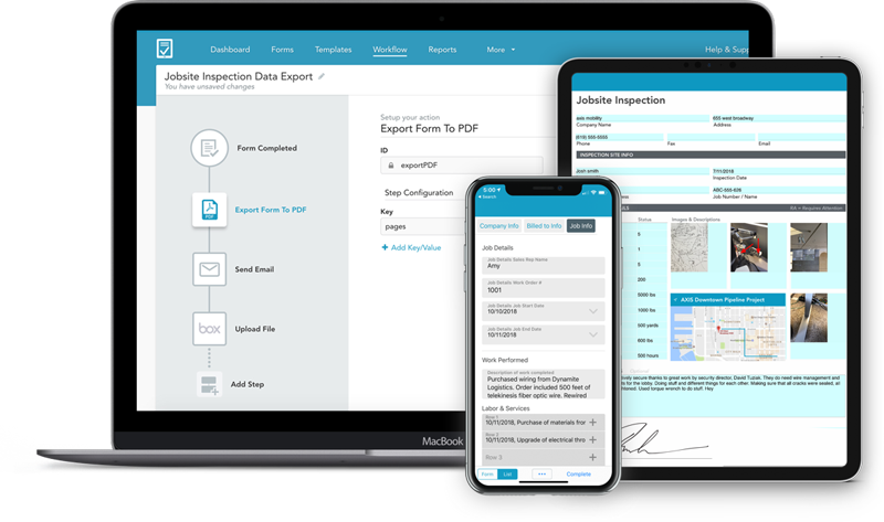 GoFormz digital forms shown on various devices including a laptop, tablet, and mobile phone.