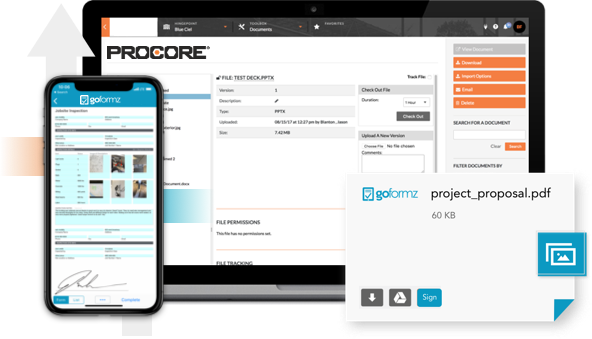 Update Procore records from the field, GoFormz mobile forms app on iphone, Procore on a laptop