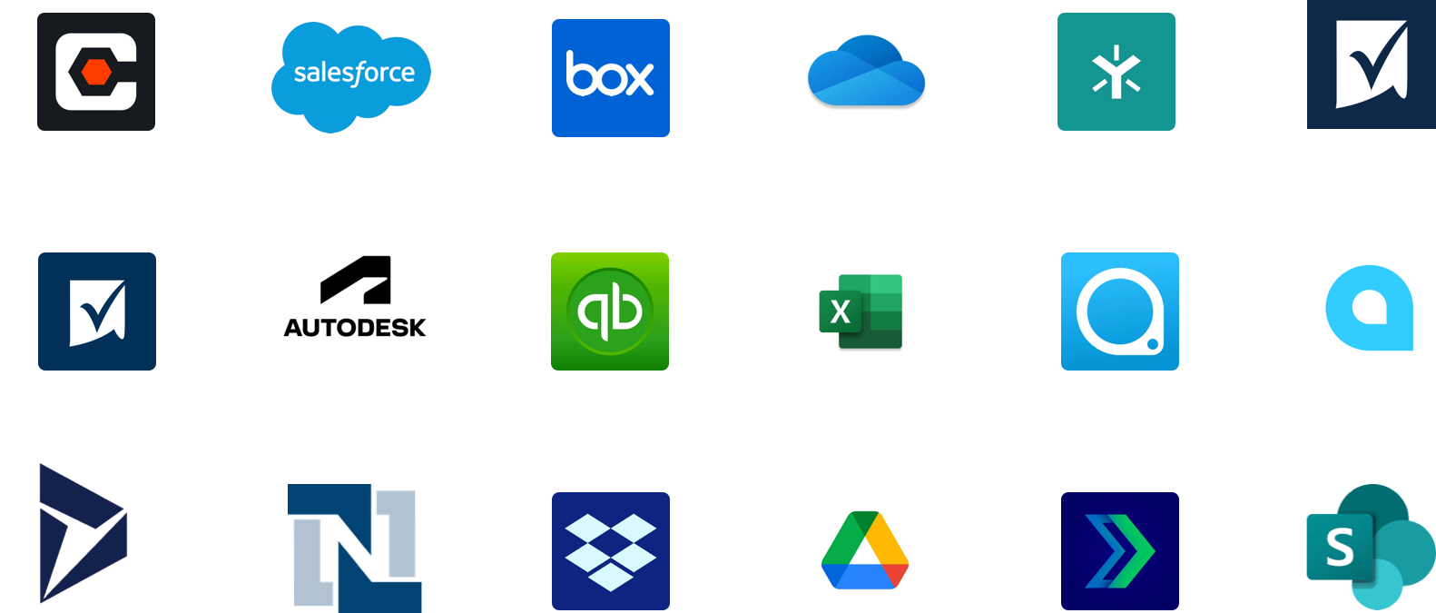 A grid of images showing the different applications GoFormz integrates with. Logos include Procore, Box, Salesforce, and several others.