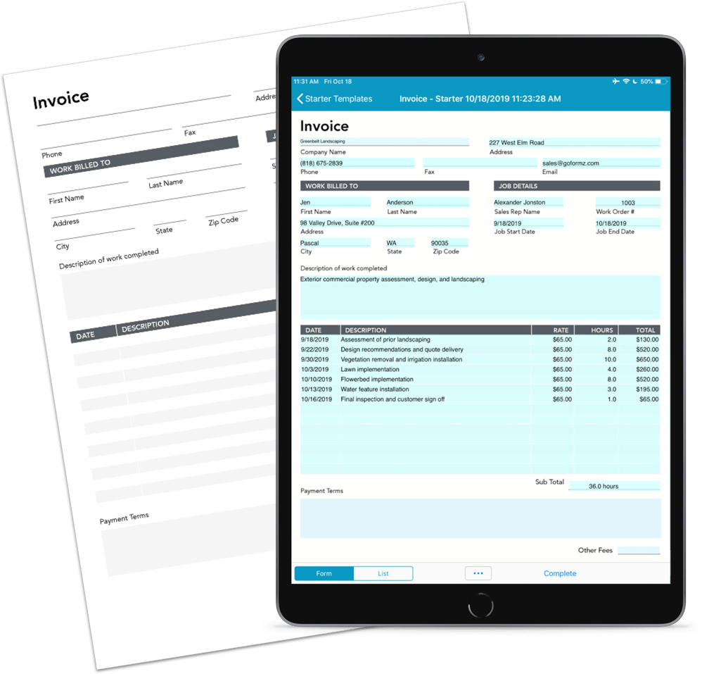 Side-by-side image of a paper invoice and a digital invoice form on a tablet