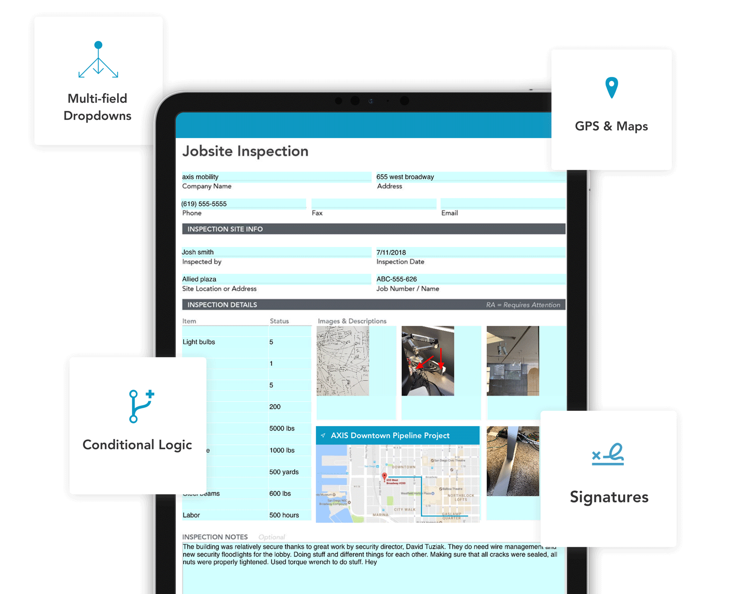 Tablet with inspection form, including sketches, images and GPS data in your mobile inspection forms
