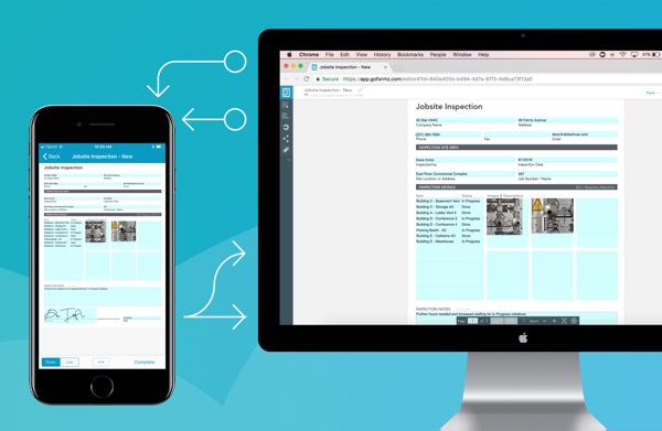 Graphic showing a form on a phone and computer