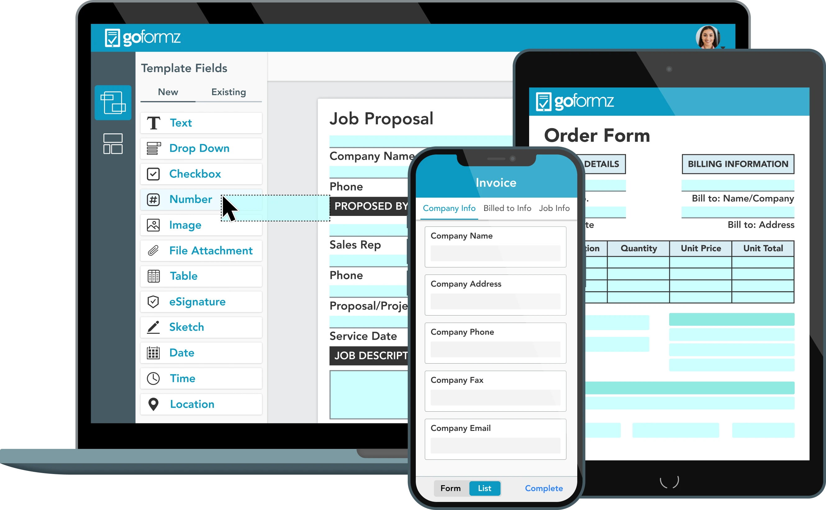 The GoFormz digital forms platform on a laptop, phone, and tablet.