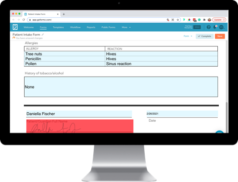 A digital patient intake form shown on a computer screen.