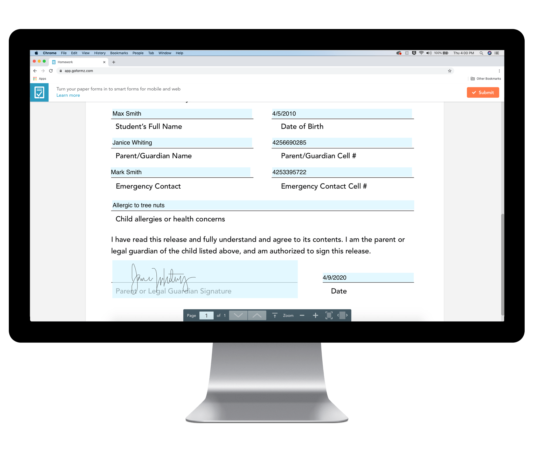 A digital release form permission slip shown on a desktop computer.