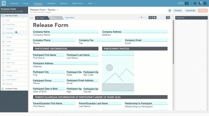 Animated image of a digital release form being assembled in the GoFormz form builder.