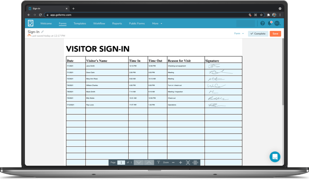 A digital sign-in sheet being filled out on a laptop