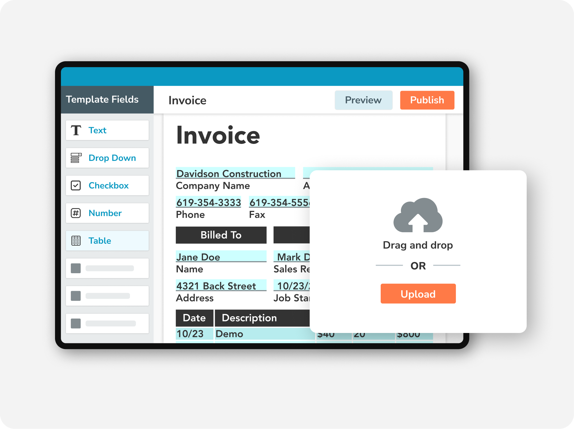 GoFormz invoice template builder uploading an existing invoice to add fillable fields for customer info, line items, taxes, and totals.