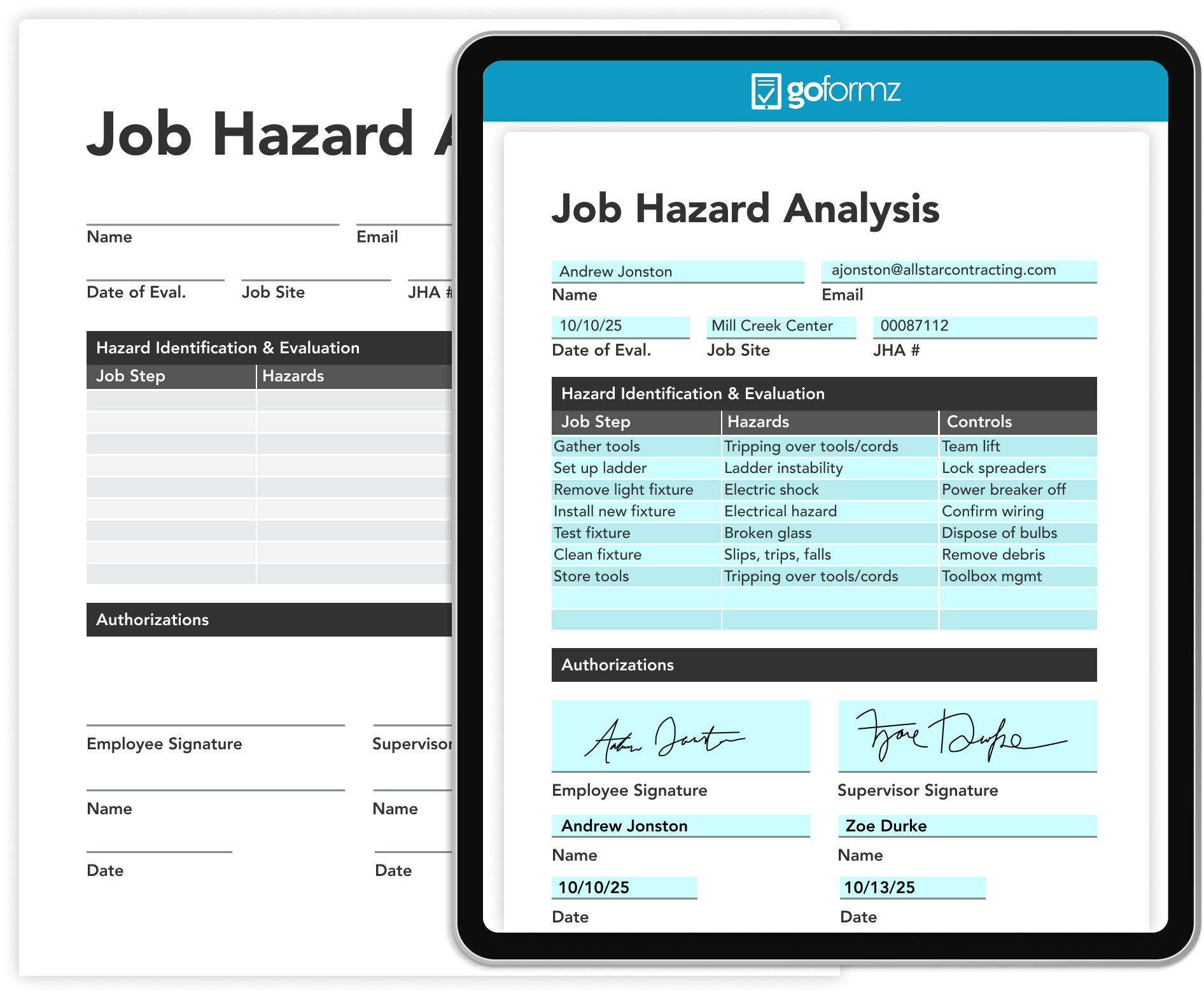 Paper Job Hazard Analysis (JHA) form beside its identical digital version on a tablet, showing GoFormz exact replication for safety compliance.