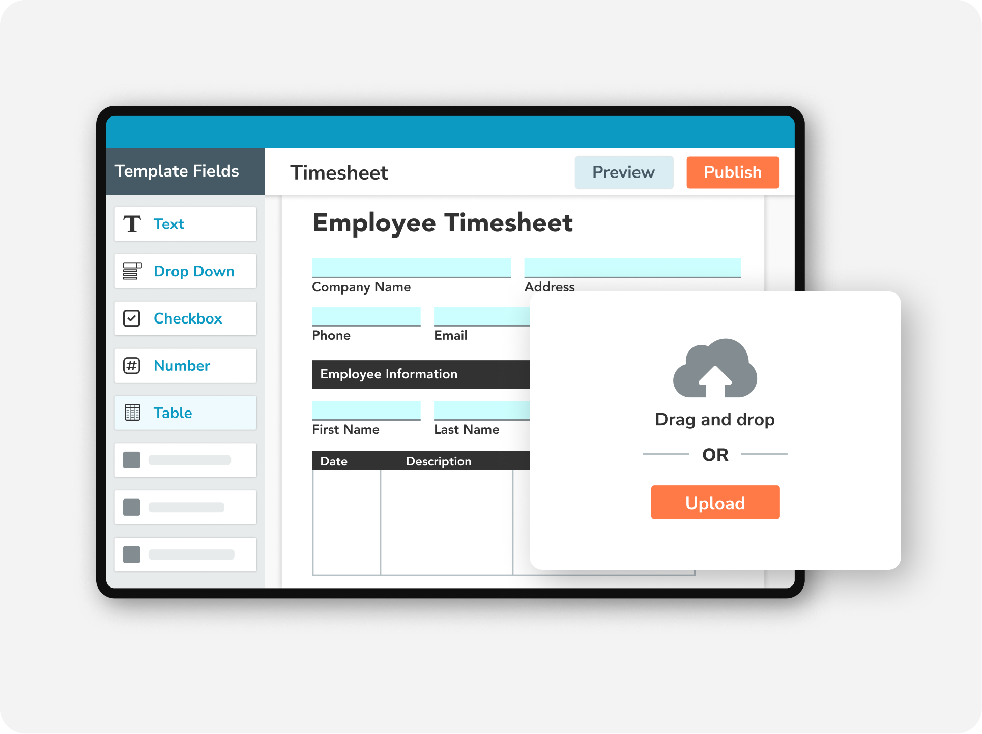 GoFormz timesheet template builder with drag-and-drop fields to upload an existing form and add digital time entry and scheduling fields.