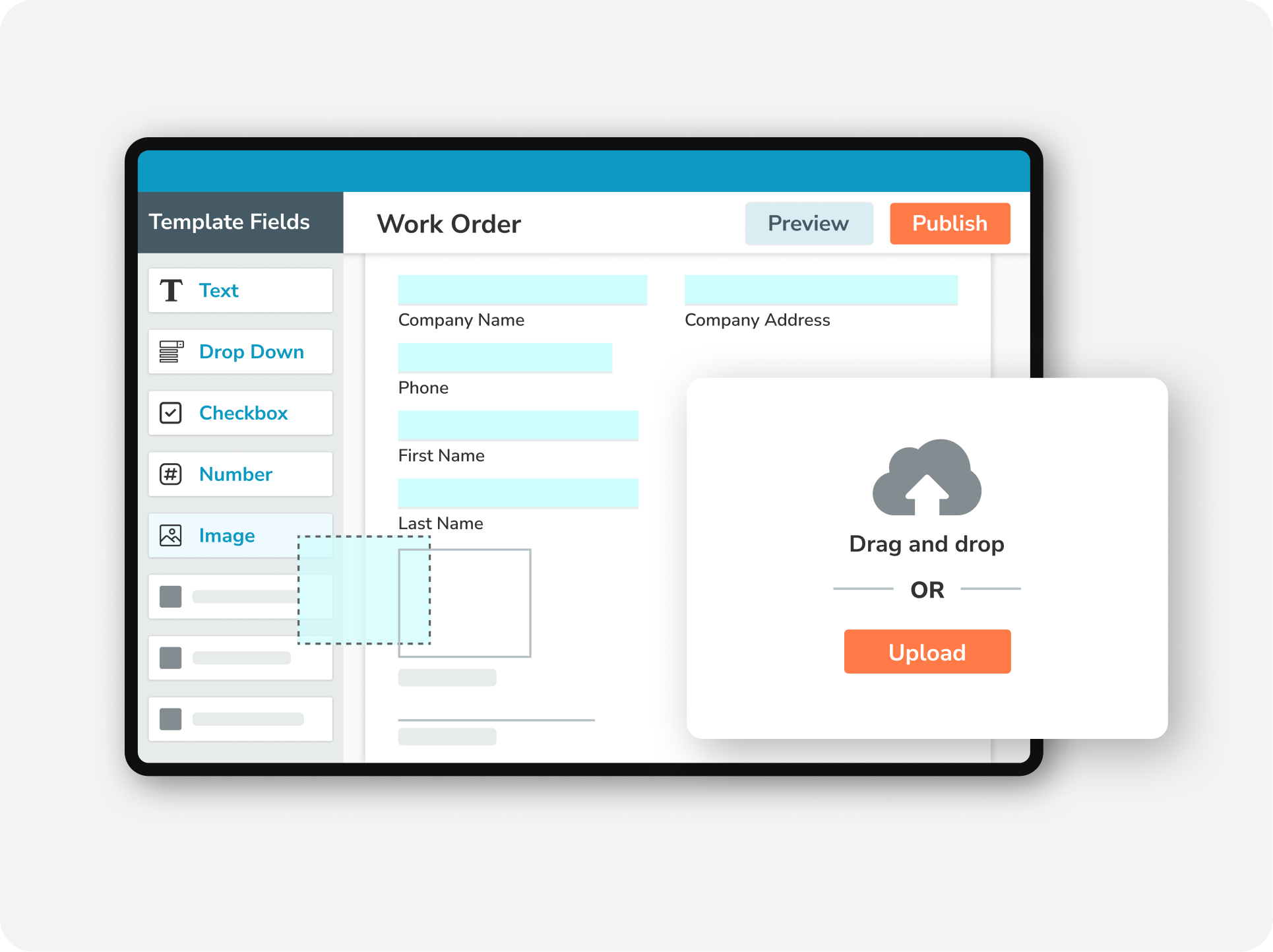 Drag-and-drop work order template builder in GoFormz for uploading and customizing digital forms.